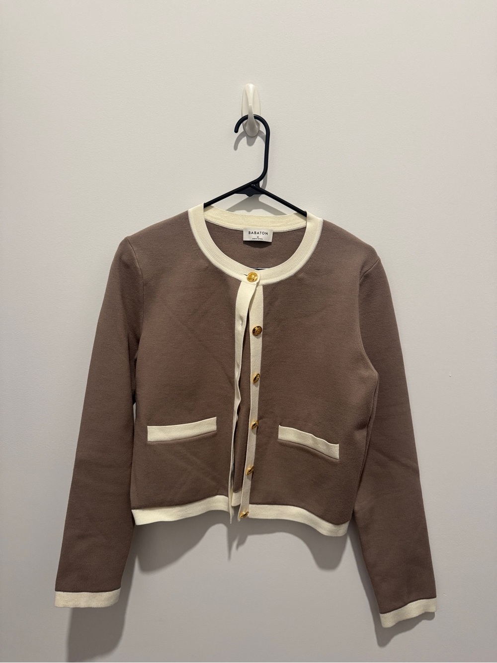 Aritzia Babaton Taupe Cardigan with Cream Trim